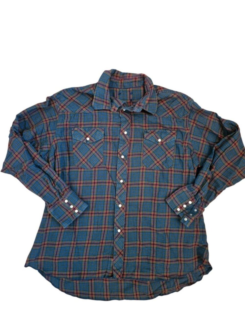 VTG Mens Thin Flannel Shirt Plaid Western Pearl Snap Sz XL Blue Olive Green